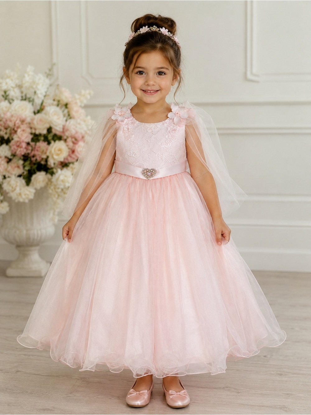 Girls' 4 Y Pink Flower Applique Tulle Formal Dress Flowergirl Wedding